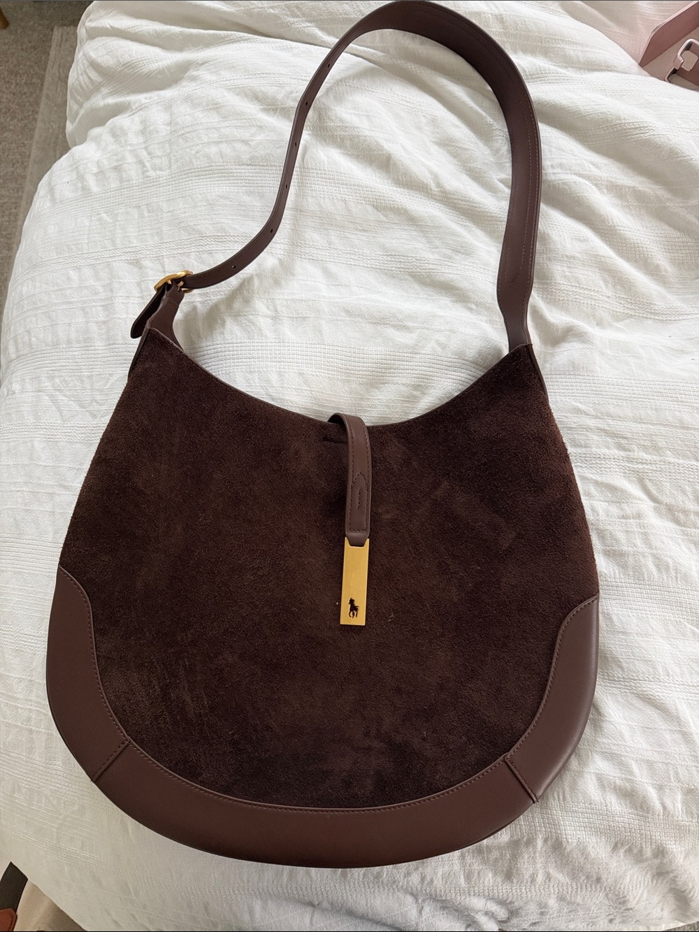 Polo by Ralph Lauren Dark Brown Suede Hobo with Gold Accent